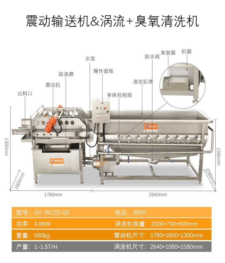 中央廚房預(yù)制菜加工流水線設(shè)備中震動輸送機和渦流加臭氧清洗機